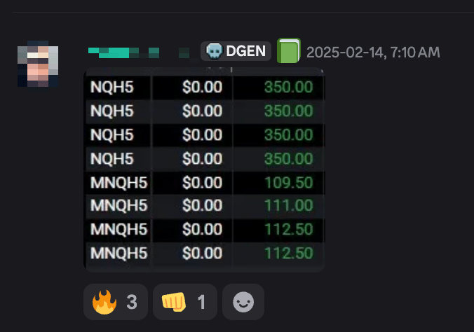 Discord post: scaled NQ and MNQ fills all closed green