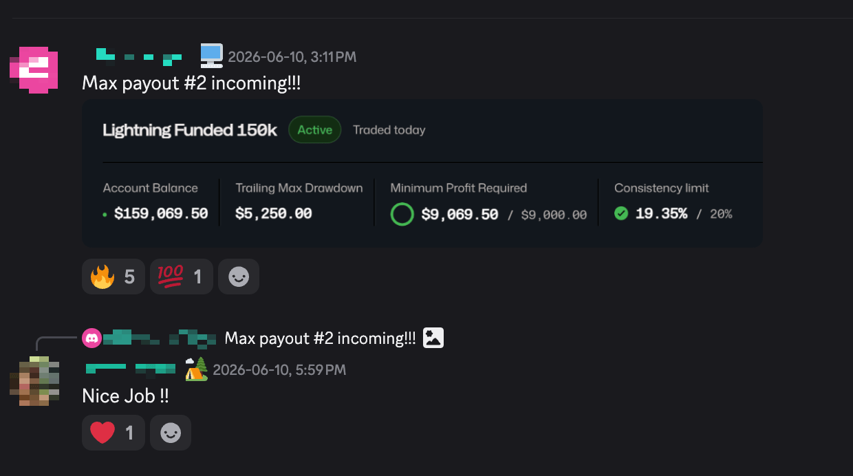 Discord post: max payout #2 incoming, Lightning Funded 150k account at $159,069.50