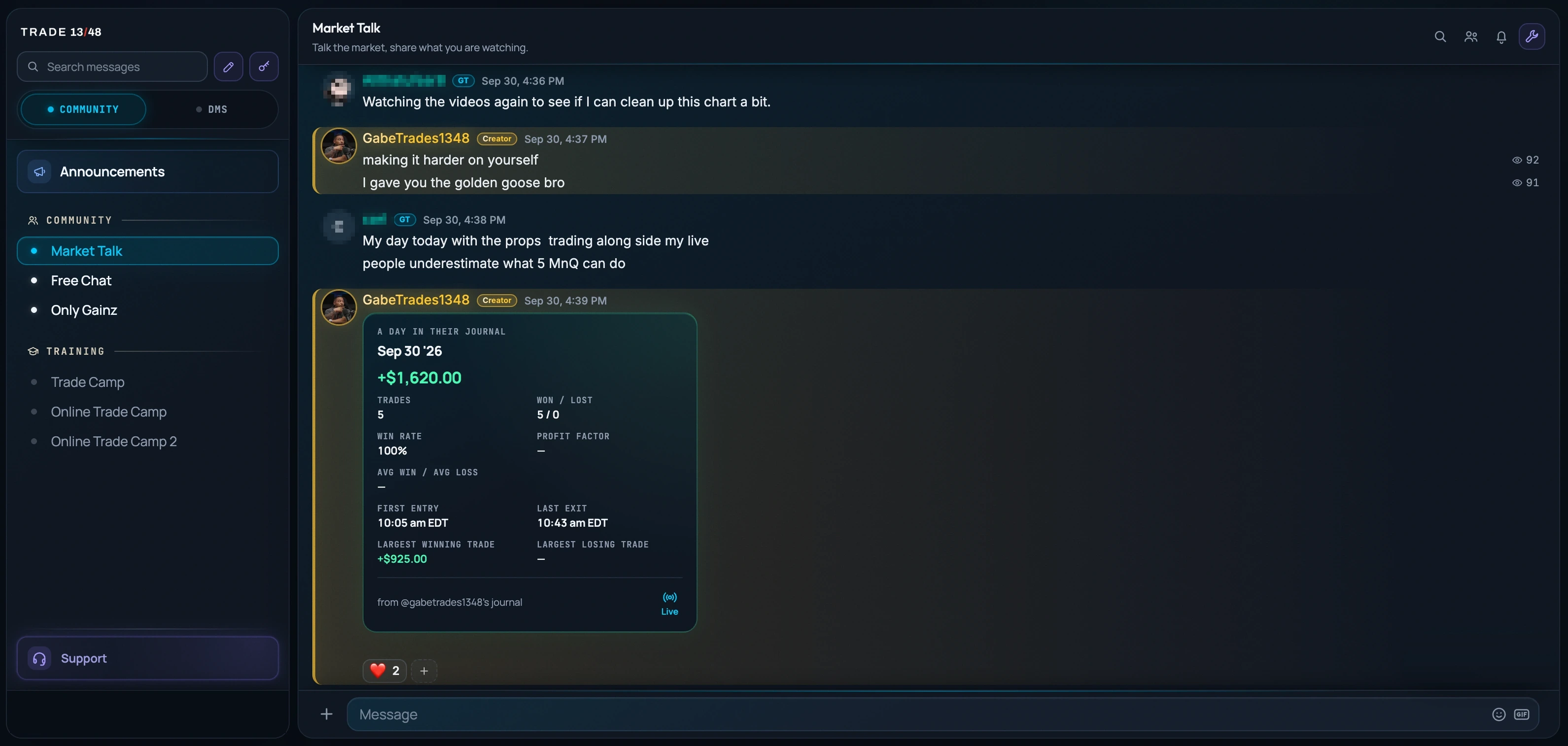 The Trade 13/48 members’ chat, Market Talk, with the community channels listed on the left and Gabe sharing his trading day from his journal in the conversation: September 30, 5 trades, 5 won and 0 lost, a 100% win rate